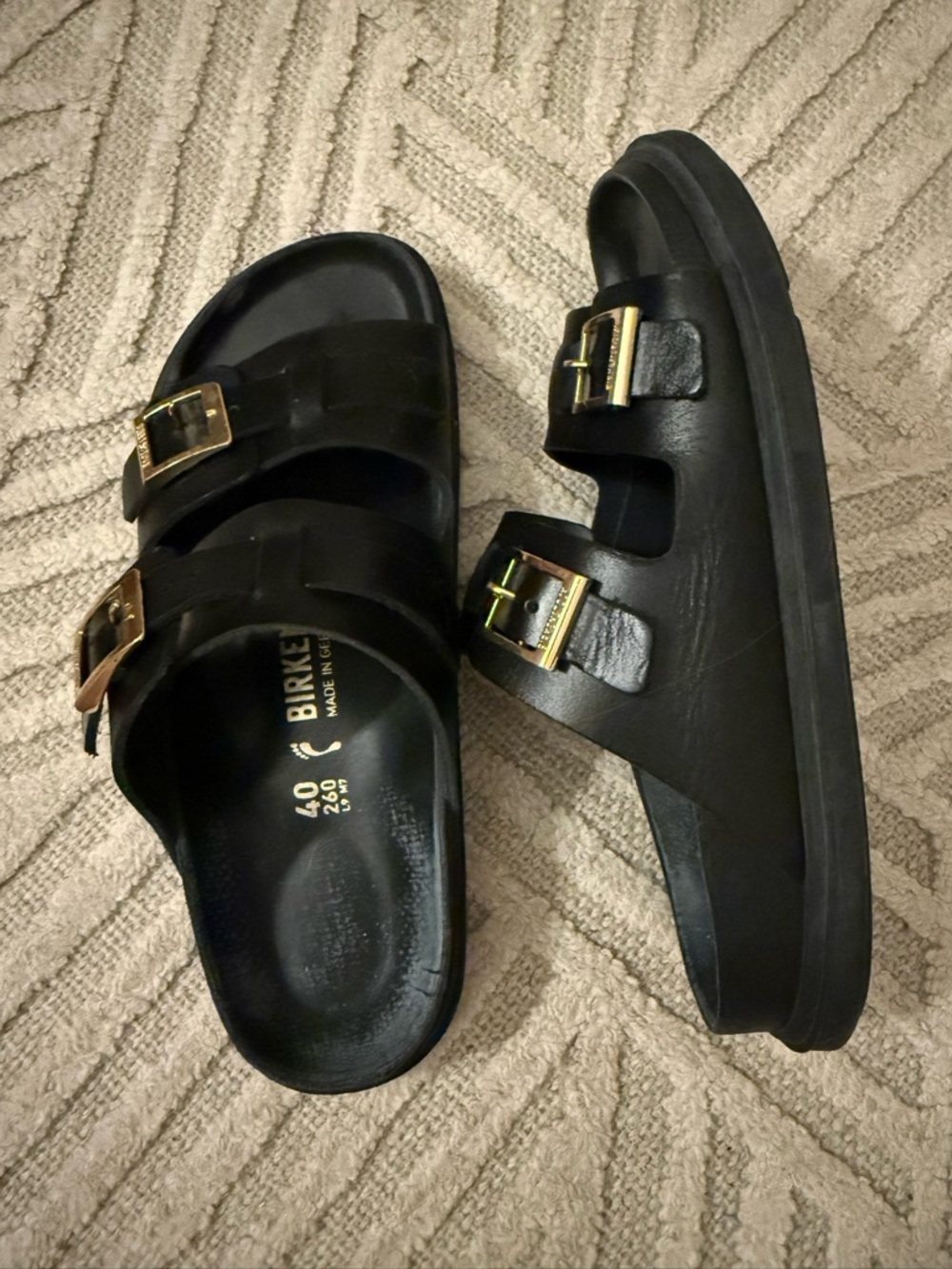 Birkenstock St. Barths Leather Black Double Strap Sandals with Gold Buckles - Picture 4 of 4